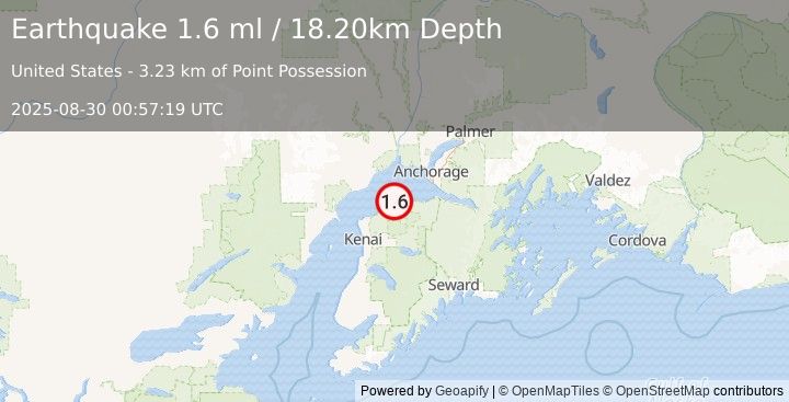 Earthquake 3 km E of Point Possession, Alaska (1.6 ml) (2025-08-30 00:57:19 UTC)