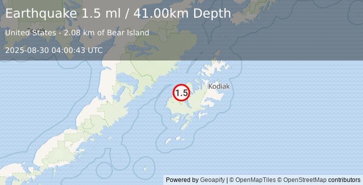 Earthquake 11 km NNW of Larsen Bay, Alaska (1.5 ml) (2025-08-30 04:00:43 UTC)