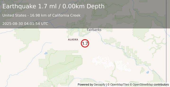 Earthquake 30 km E of Clear, Alaska (1.7 ml) (2025-08-30 04:01:54 UTC)