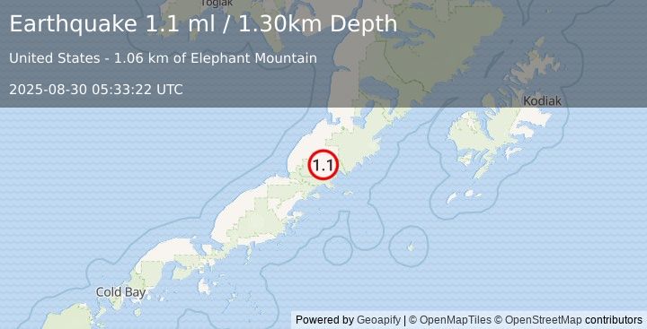Earthquake 66 km SSW of Ugashik, Alaska (1.1 ml) (2025-08-30 05:33:22 UTC)
