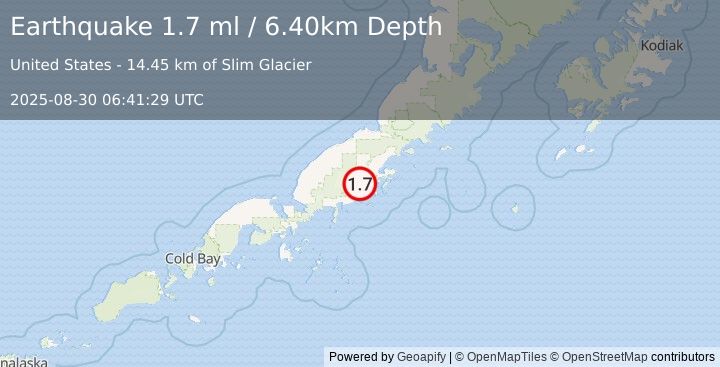Earthquake 22 km SW of Chignik Lake, Alaska (1.7 ml) (2025-08-30 06:41:29 UTC)