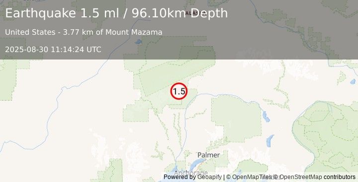 Earthquake 49 km NNE of Petersville, Alaska (1.5 ml) (2025-08-30 11:14:24 UTC)