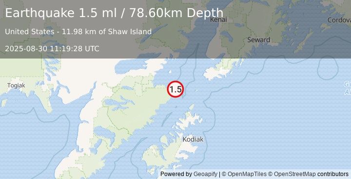 Earthquake 84 km WSW of Nanwalek, Alaska (1.5 ml) (2025-08-30 11:19:28 UTC)