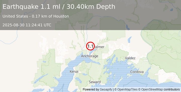 Earthquake 0 km N of Houston, Alaska (1.1 ml) (2025-08-30 11:24:41 UTC)