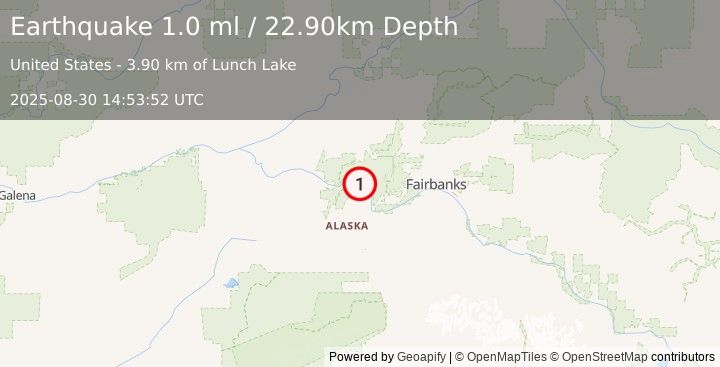 Earthquake 29 km NNW of Four Mile Road, Alaska (1.0 ml) (2025-08-30 14:53:52 UTC)
