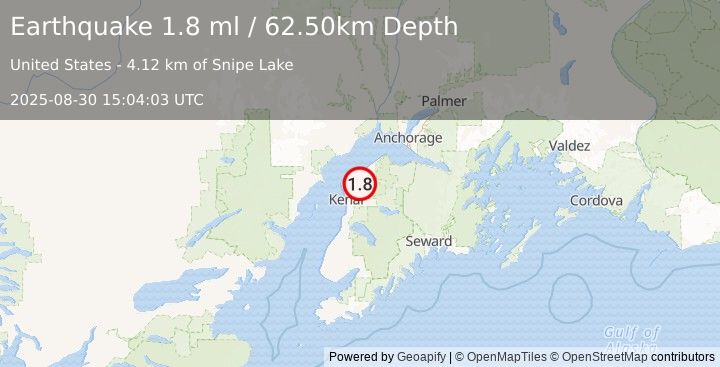 Earthquake 18 km E of Nikiski, Alaska (1.8 ml) (2025-08-30 15:04:03 UTC)