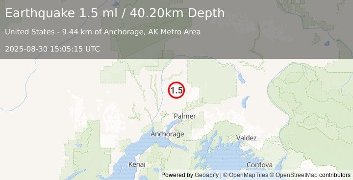 Earthquake 19 km E of Susitna North, Alaska (1.5 ml) (2025-08-30 15:05:15 UTC)