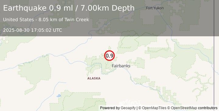 Earthquake 37 km E of Minto, Alaska (0.9 ml) (2025-08-30 17:05:02 UTC)