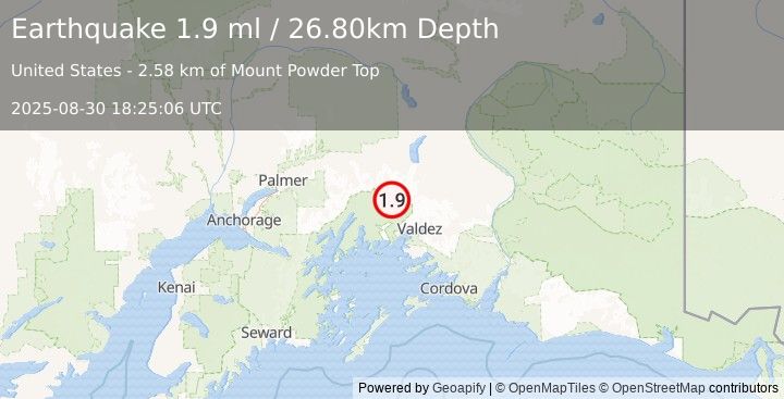 Earthquake 43 km NW of Valdez, Alaska (1.9 ml) (2025-08-30 18:25:06 UTC)