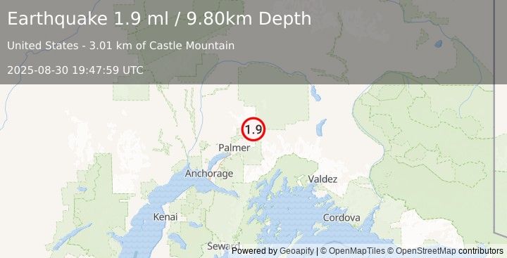 Earthquake 8 km NNW of Chickaloon, Alaska (1.9 ml) (2025-08-30 19:47:59 UTC)
