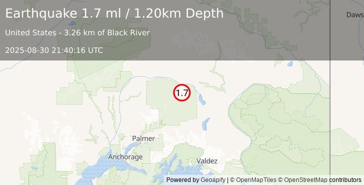 Earthquake 53 km WNW of Lake Louise, Alaska (1.7 ml) (2025-08-30 21:40:16 UTC)