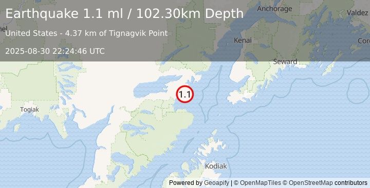 Earthquake 46 km ESE of Pope-Vannoy Landing, Alaska (1.1 ml) (2025-08-30 22:24:46 UTC)
