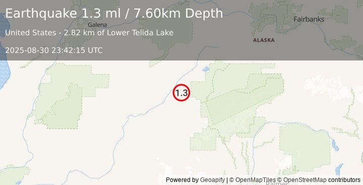 Earthquake 68 km SW of Lake Minchumina, Alaska (1.3 ml) (2025-08-30 23:42:15 UTC)