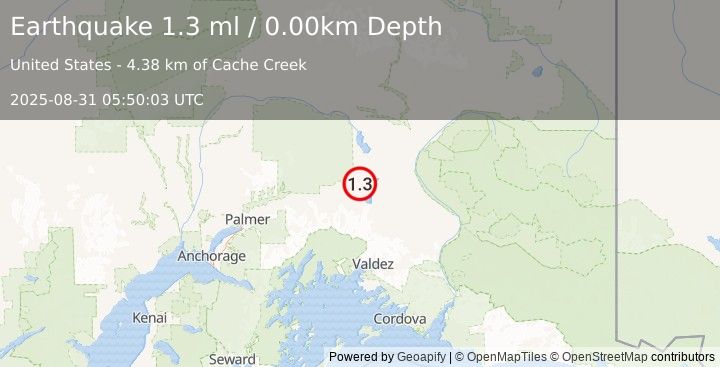 Earthquake 7 km ESE of Nelchina, Alaska (1.3 ml) (2025-08-31 05:50:03 UTC)