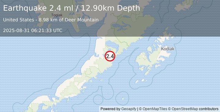 Earthquake 50 km E of Ugashik, Alaska (2.4 ml) (2025-08-31 06:21:33 UTC)