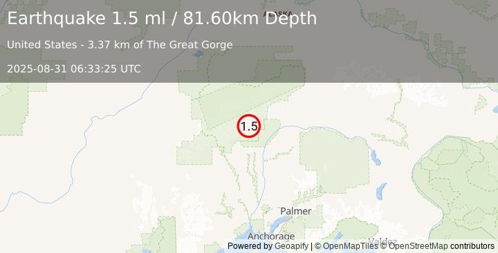Earthquake 40 km NNE of Petersville, Alaska (1.5 ml) (2025-08-31 06:33:25 UTC)