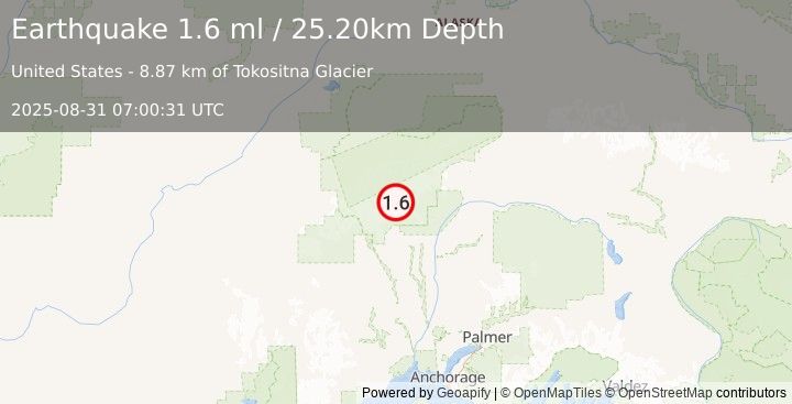 Earthquake 40 km NNW of Petersville, Alaska (1.6 ml) (2025-08-31 07:00:31 UTC)