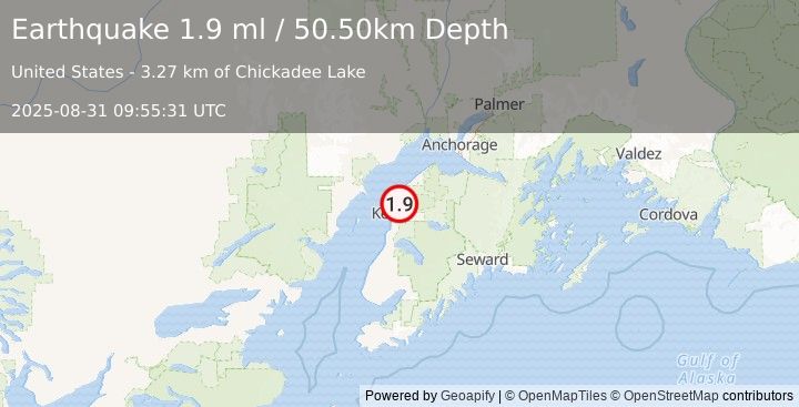 Earthquake 12 km ESE of Nikiski, Alaska (1.9 ml) (2025-08-31 09:55:31 UTC)