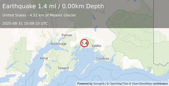 Earthquake 59 km NW of Tatitlek, Alaska (1.4 ml) (2025-08-31 10:09:10 UTC)
