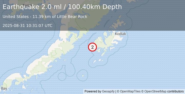 Earthquake 45 km WNW of Akhiok, Alaska (2.0 ml) (2025-08-31 10:31:07 UTC)