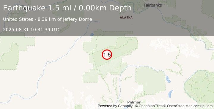 Earthquake 46 km SE of Denali National Park, Alaska (1.5 ml) (2025-08-31 10:31:39 UTC)