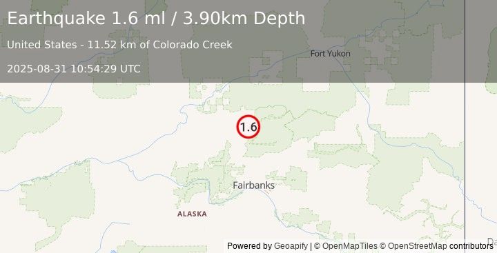 Earthquake 32 km ENE of Livengood, Alaska (1.6 ml) (2025-08-31 10:54:29 UTC)