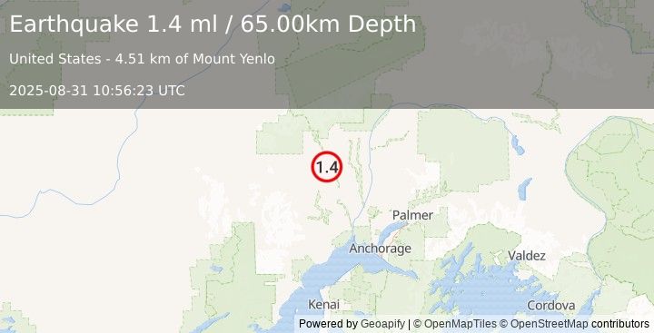 Earthquake 21 km NNE of Skwentna, Alaska (1.4 ml) (2025-08-31 10:56:23 UTC)