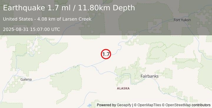 Earthquake 36 km W of Rampart, Alaska (1.7 ml) (2025-08-31 15:07:00 UTC)