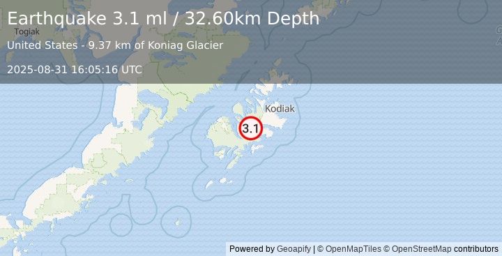 Earthquake 28 km N of Old Harbor, Alaska (3.1 ml) (2025-08-31 16:05:16 UTC)