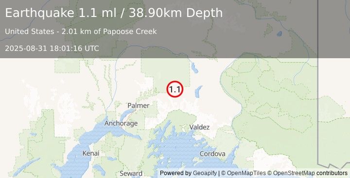 Earthquake 15 km W of Eureka Roadhouse, Alaska (1.1 ml) (2025-08-31 18:01:16 UTC)
