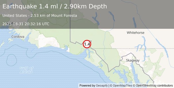Earthquake 74 km N of Yakutat, Alaska (1.4 ml) (2025-08-31 20:32:16 UTC)