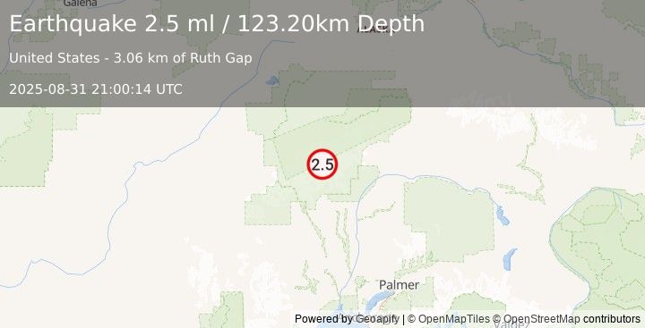 Earthquake 54 km NNW of Petersville, Alaska (2.5 ml) (2025-08-31 21:00:14 UTC)