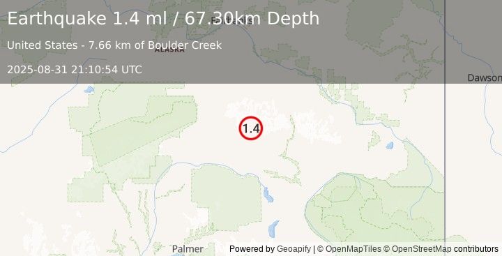 Earthquake 80 km WNW of Paxson, Alaska (1.4 ml) (2025-08-31 21:10:54 UTC)