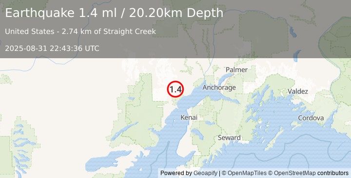 Earthquake 41 km WNW of Tyonek, Alaska (1.4 ml) (2025-08-31 22:43:36 UTC)