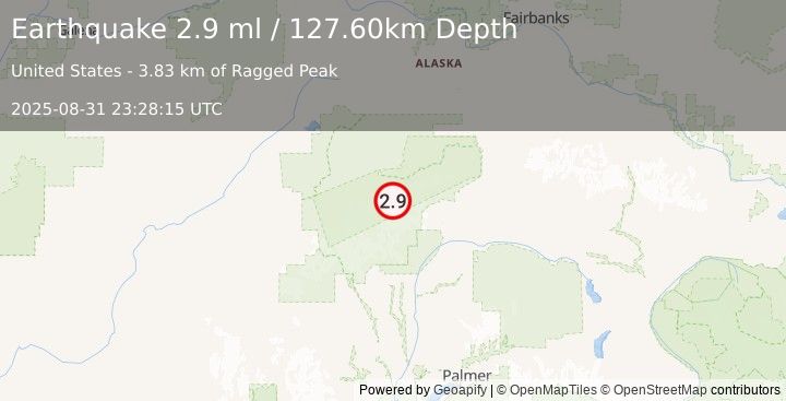 Earthquake 66 km ESE of Denali National Park, Alaska (2.9 ml) (2025-08-31 23:28:15 UTC)