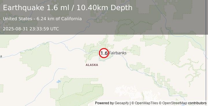 Earthquake 30 km NE of Four Mile Road, Alaska (1.6 ml) (2025-08-31 23:33:59 UTC)