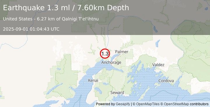 Earthquake 7 km E of Susitna, Alaska (1.3 ml) (2025-09-01 01:04:43 UTC)