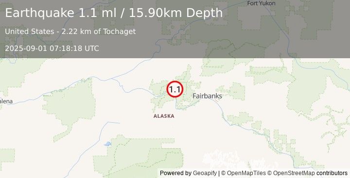 Earthquake 22 km SSE of Minto, Alaska (1.1 ml) (2025-09-01 07:18:18 UTC)