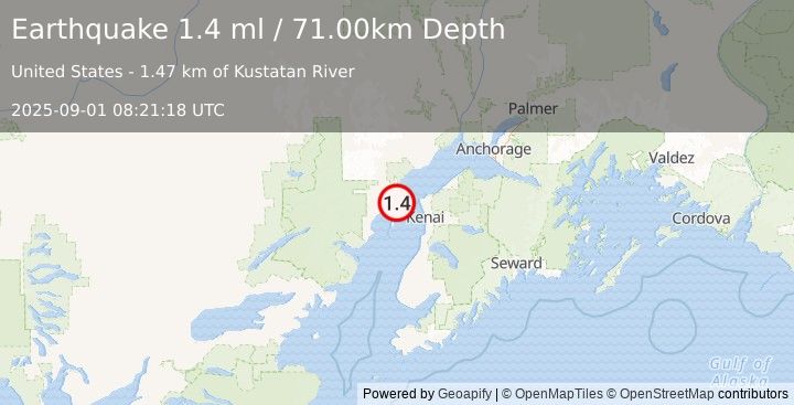 Earthquake 28 km WNW of Salamatof, Alaska (1.4 ml) (2025-09-01 08:21:18 UTC)