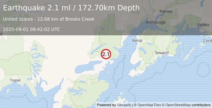 Earthquake 40 km NE of Pedro Bay, Alaska (2.1 ml) (2025-09-01 09:42:02 UTC)