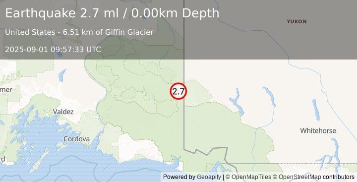 Earthquake 90 km E of McCarthy, Alaska (2.7 ml) (2025-09-01 09:57:33 UTC)