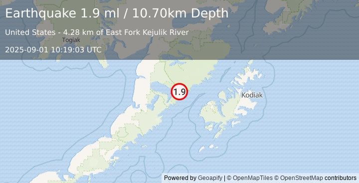 Earthquake 75 km WNW of Karluk, Alaska (1.9 ml) (2025-09-01 10:19:03 UTC)