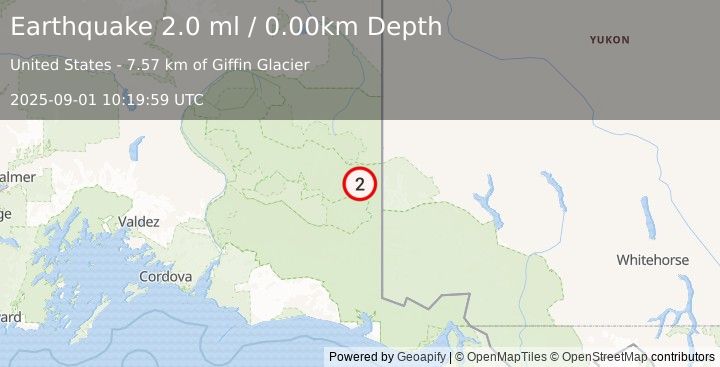 Earthquake 77 km E of McCarthy, Alaska (2.0 ml) (2025-09-01 10:19:59 UTC)