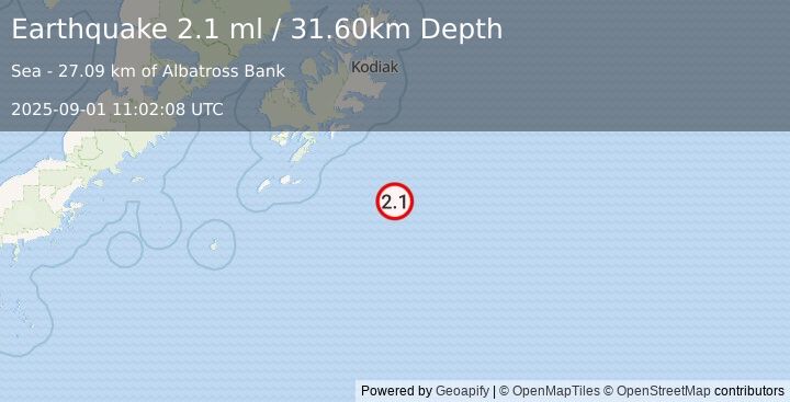 Earthquake 126 km SE of Old Harbor, Alaska (2.1 ml) (2025-09-01 11:02:08 UTC)