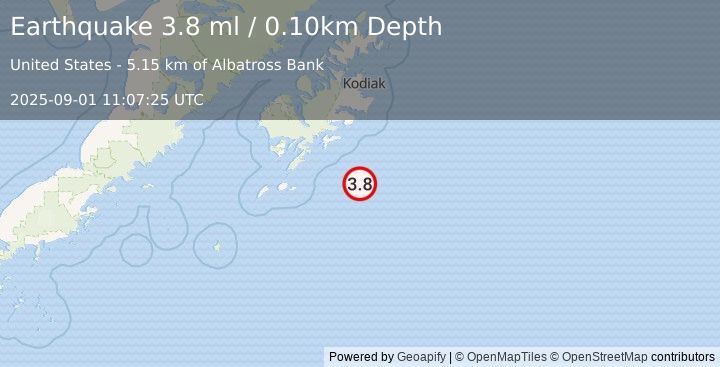 Earthquake 83 km SE of Old Harbor, Alaska (3.8 ml) (2025-09-01 11:07:25 UTC)