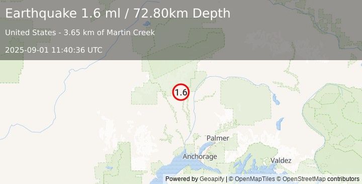 Earthquake 5 km NNE of Petersville, Alaska (1.6 ml) (2025-09-01 11:40:36 UTC)