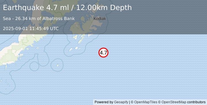 Earthquake 117 km SE of Old Harbor, Alaska (4.7 ml) (2025-09-01 11:45:49 UTC)