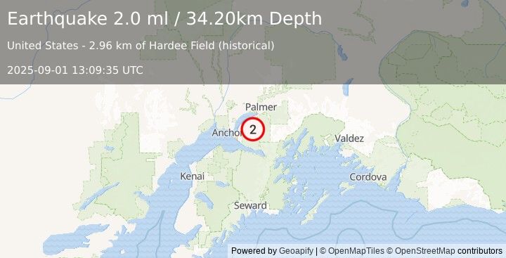 Earthquake 12 km ESE of Eagle River, Alaska (2.0 ml) (2025-09-01 13:09:35 UTC)