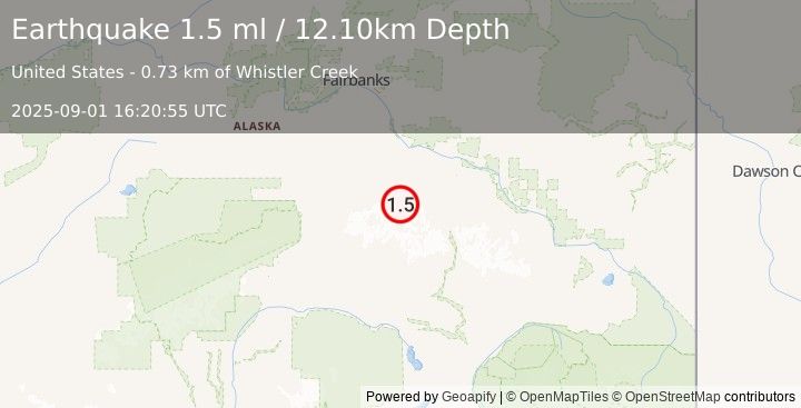 Earthquake 62 km WSW of Delta Junction, Alaska (1.5 ml) (2025-09-01 16:20:55 UTC)