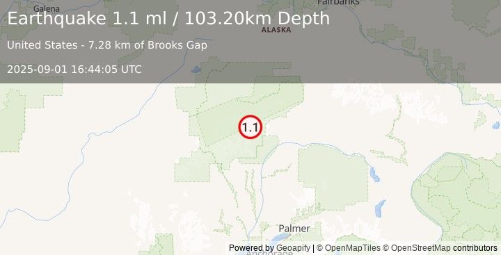 Earthquake 66 km NNE of Petersville, Alaska (1.1 ml) (2025-09-01 16:44:05 UTC)